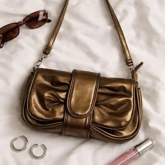 ✨ Y2K STATEMENT Bronze Metallic Ruched Shoulder Bag ✨ PERFECT CONDITION