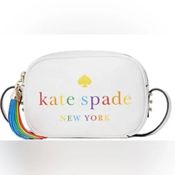 Kate Spade Kourtney Rainbow Logo Camera Bag in White Pebbled Leather NWT