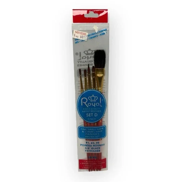 NOS Royal Artist Brushes Set D 5pk Sable Camel Hair Korea #1 #3 #5 Glaze Shader