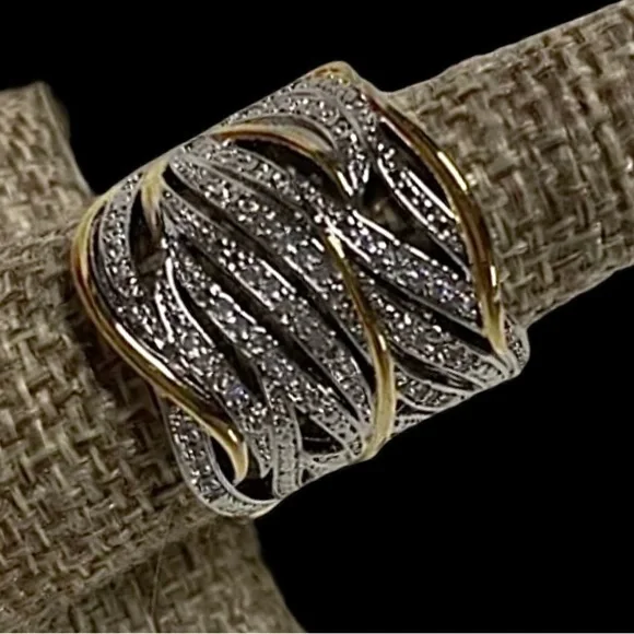 Two Tone gold silver Round Diamond Layer Very Wide Band Ring 925 stamped