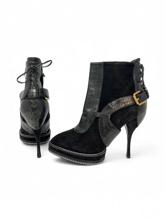 Christian Dior Galliano Vintage 90s Y2K Black Suede Leather Ankle Boots 37.5 7
