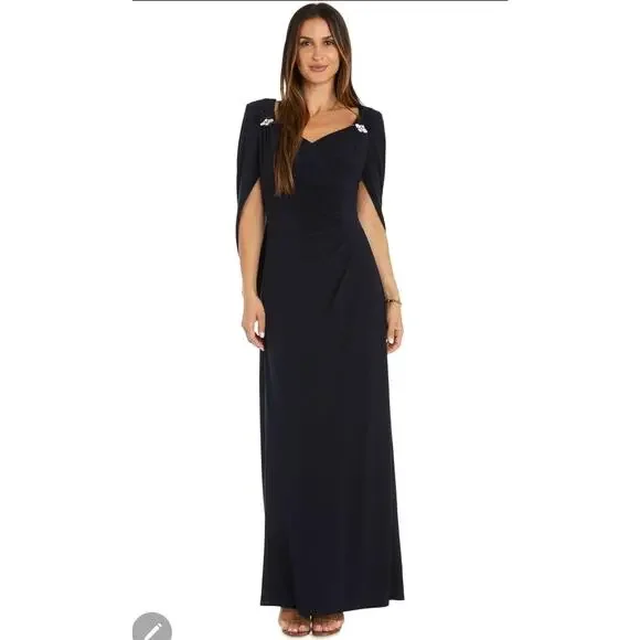 R&M Richards Navy Blue‎ Cape Back Ruched Maxi Evening Gown Dress 6 Rhinestones