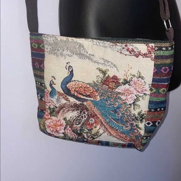 Peacock Embroidered Tapestry Crossbody Purse Bag