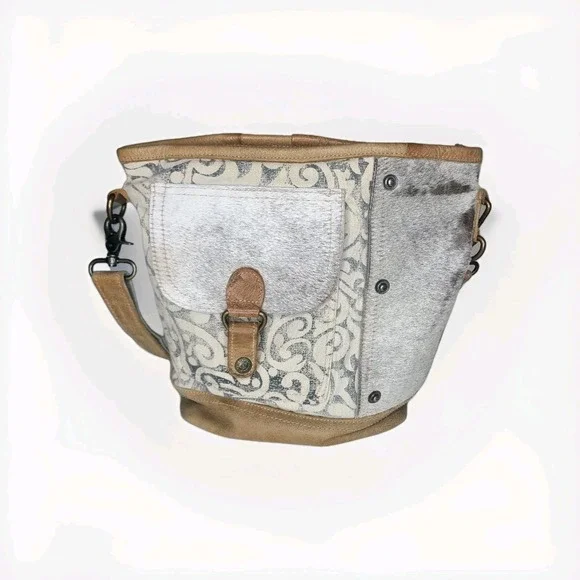 Myra Bag Light Tan‎ Gray Cowhide & Leather Purse Crossbody Western Upcycled