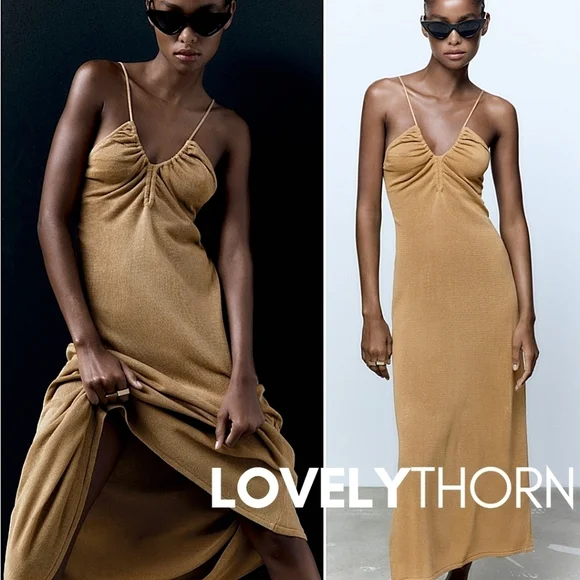 ZARA // straw camel gathered plunge v-neck spaghetti strap a-line knit maxi dres