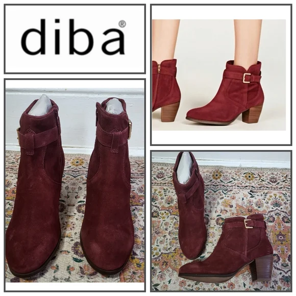 Suede Leather Red - Brown Burgundy Ankle Boots Sleek Bootie Buckle Size 8