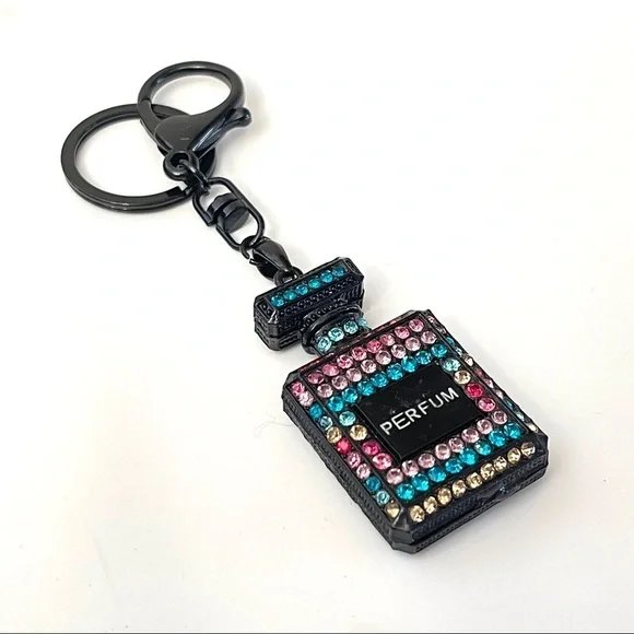 Luxury‎ Perfume Bottle Bag Charm Key Chain - Black Colorful Rhinestone Bling