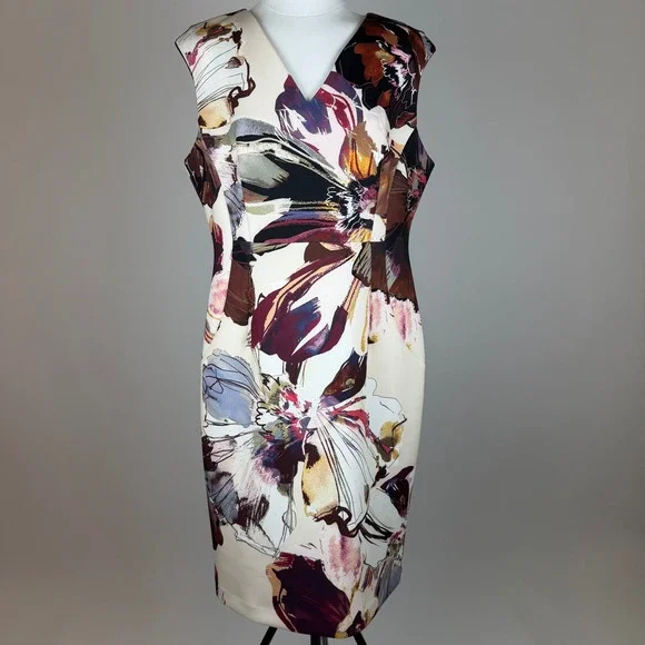 NWT Calvin Klein Cream Multi Floral Sleeveless V-Neck Sheath Dress Size 16 Party
