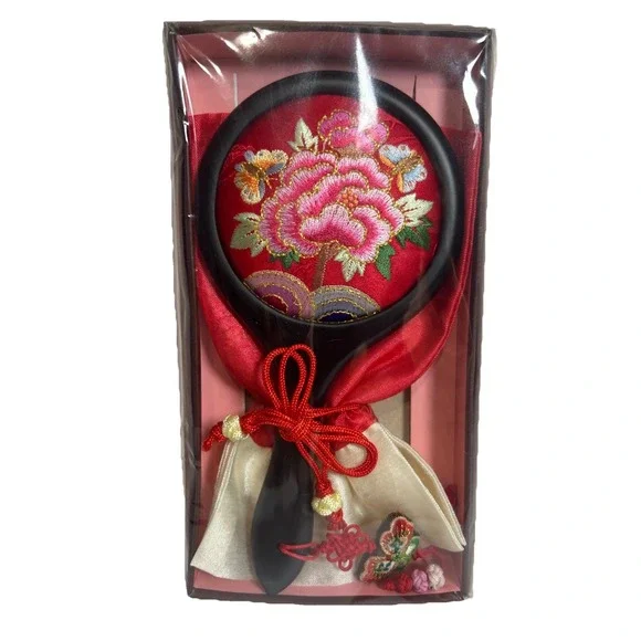 Embroidery Hand Mirror With‎ Peony Pattern New, Red