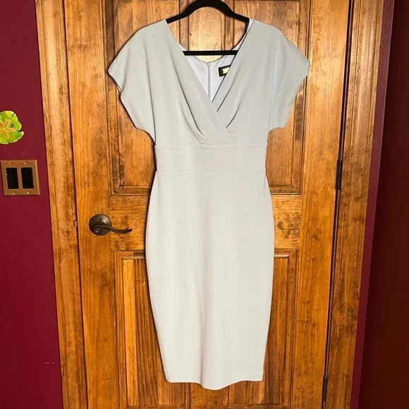 ALEXA ADMOR Dress V Neck Naomi Drape Sheath light blue gray halogen blue midi S