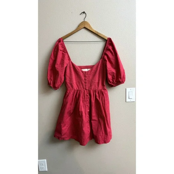 Maeve Anthropologie Mini Dress Medium Pink Puff Sleeve Smocked Babydoll Cotton