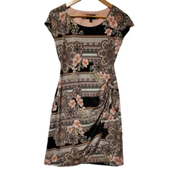 Floral Mandala Faux Wrap Dress Boho Business Casual Church Teacher Retro‎ Size S