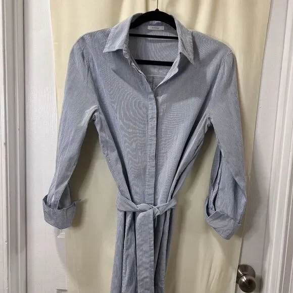 Kiki Shop Blue And White Striped Shirt Stress With Hidden Buttons 3/4 Sleeves SM