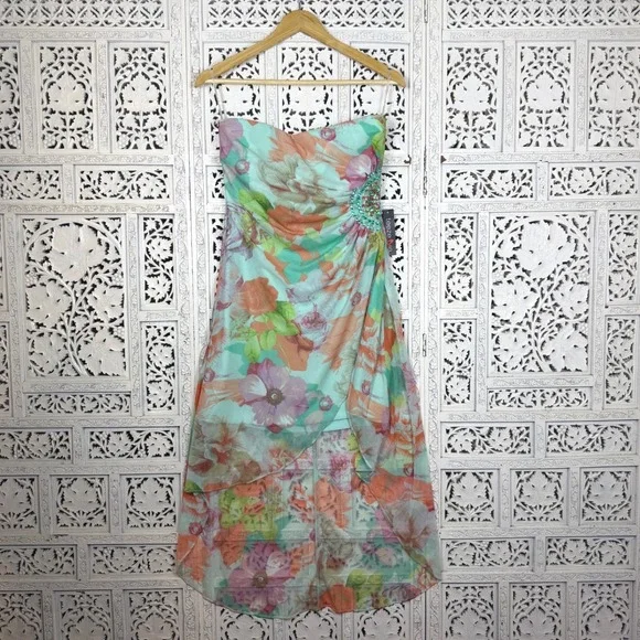 NWT‎ Teeze Me Colorful Strapless Mesh Asymmetric Dress Sz M/L Y2K Fairy Coquette