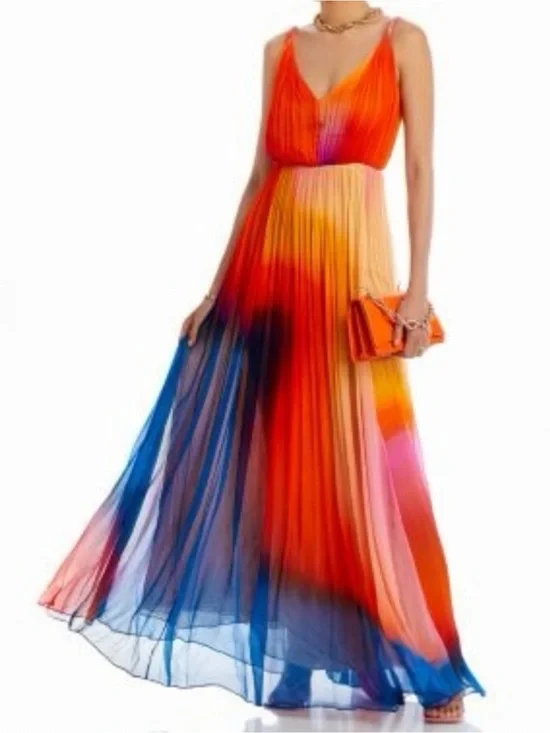 HALSTON Stacia Crinkle Chiffon A-Line Watercolor Ombre Chiffon Maxi Dress
