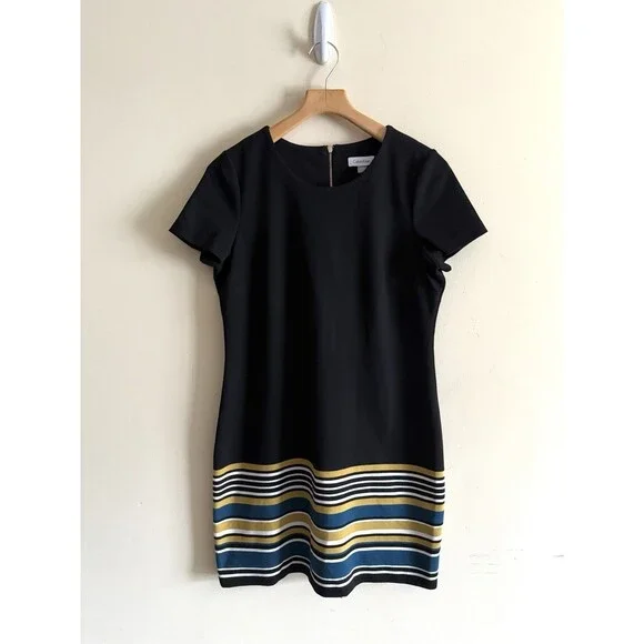 Calvin Klein Black Sheath White Blue Striped Bottom Short Sleeve Dress‎ Size 12