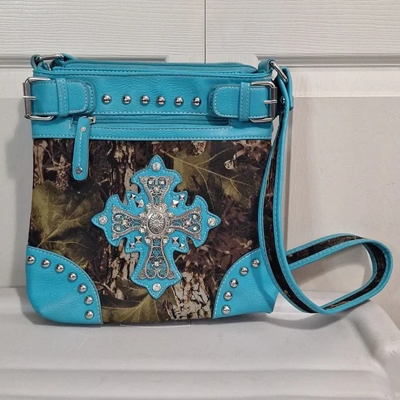 Faux leather and camouflage canvas studded rhinestone crossbody bag - teal/green