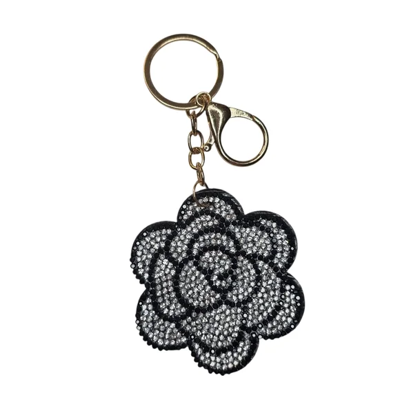 Camellia Flower Bag Charm Keychain Black & Silver Rhinestone Crystal Embellished