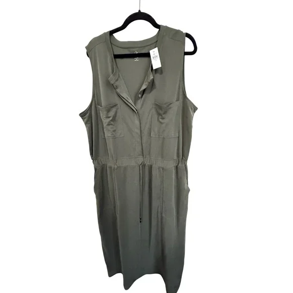 NWT Lou and Grey Olive Green Sleeveless Drawstring Waist Dress‎ Utility Pockets