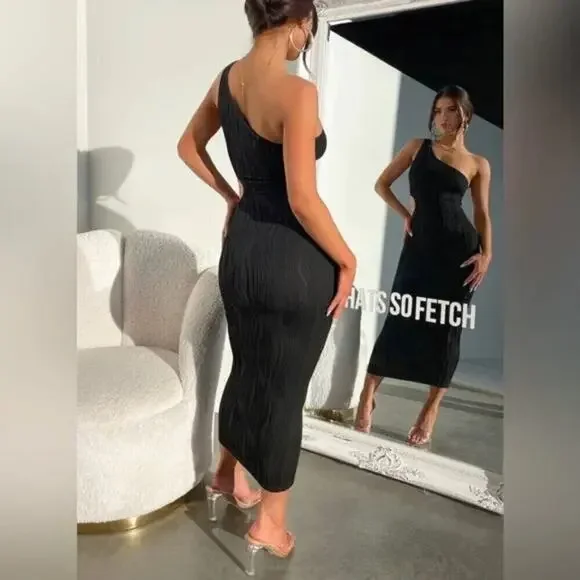 That's So Fetch Trami One Shoulder Cut Out Bodycon Midi Dress Black 8 NWT