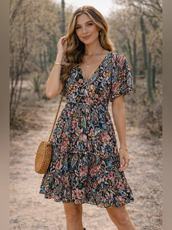 Anthropologie Boho Floral Dress Flowy Midi Cottagecore Festival Size S