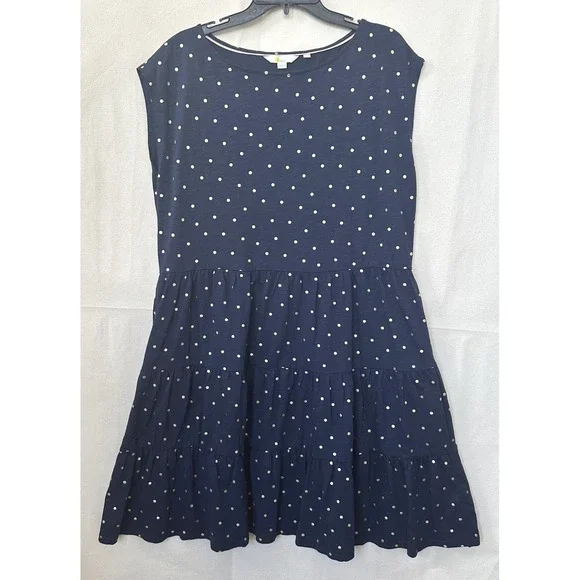 Boden Romaine Retro Coastal Navy Gold Foil Polka Dot Tiered Jersey Dress US 14R