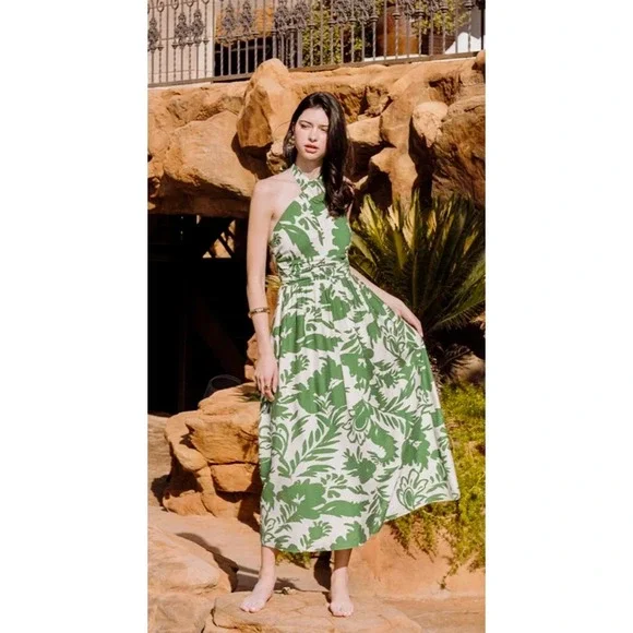 Green White Floral Halter Midi Dress Smocked Back‎ Tropical Summer Resort Women