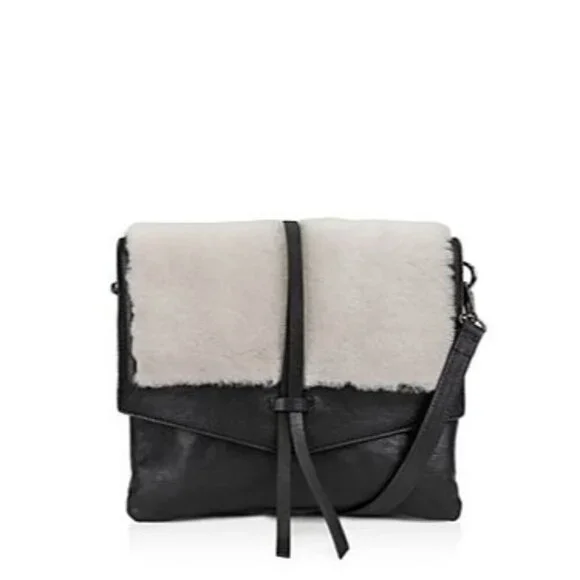 Kooba Yukon Medium Leather & Shearling Crossbody Black Ivory