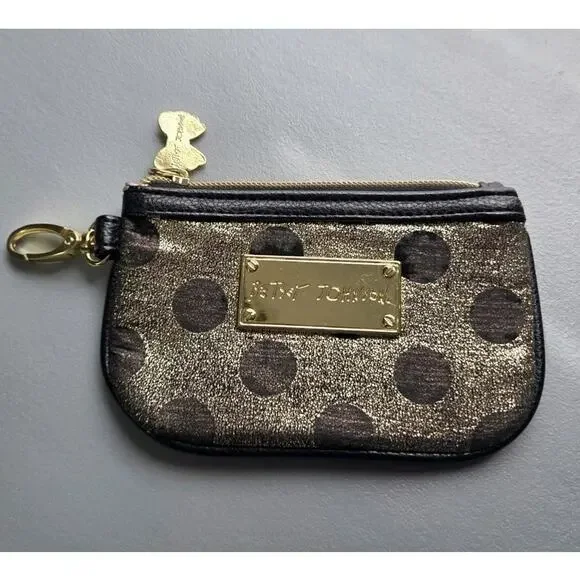 Betsey Johnson Wristlet Wallet Black and Gold Polka Dot Metallic‎ ID Window