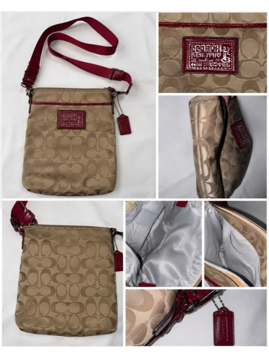 Coach Signature File Bag Crossbody Khaki Red Patent Trim Y2K Mini Messenger