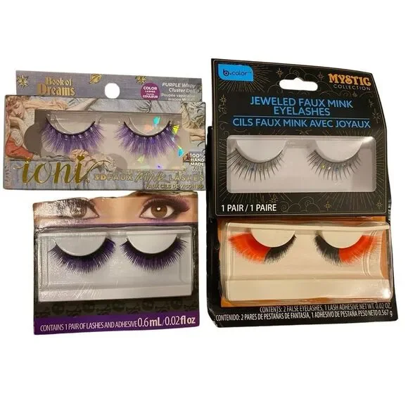 Lot Of 4 False Eyelashes Ioni B Purple Color Colorful Jeweled Orange Makeup