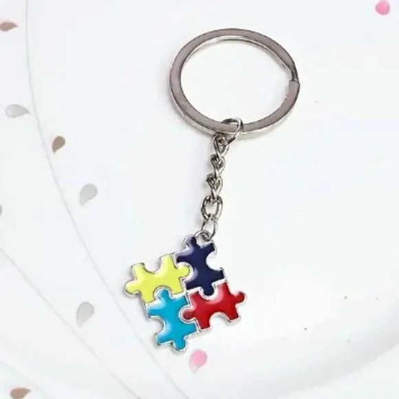 Autism Keychain Puzzle Pendant Silver Tone