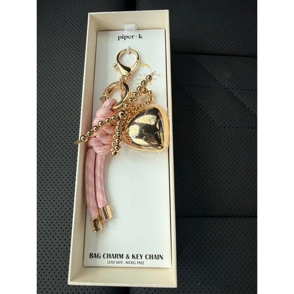 Piper K Gold Heart Bag Charm and Keychain Pink Rope Beaded Accessory New in Box‎