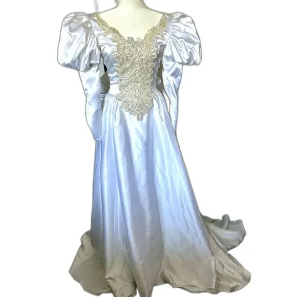 VINTAGE WEDDING DRESS Preference Satin Beaded Puff-Sleeves Bustle-bow Train Sz 1