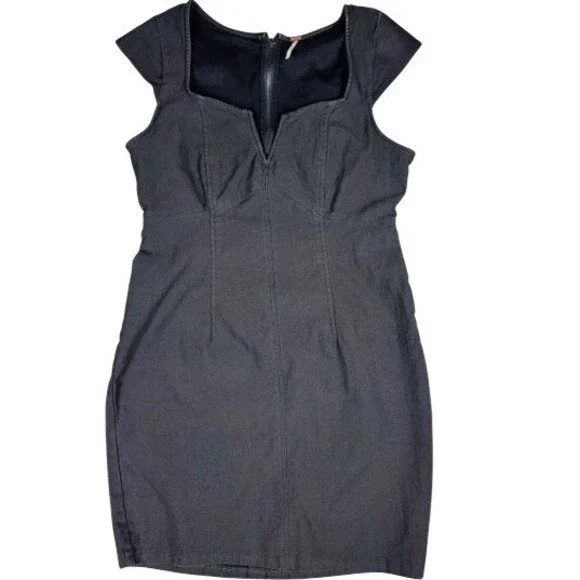 Free People Dress Womens Small Black Denim Mini Sweetheart Cap Sleeve Bodycon