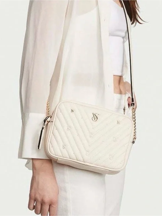 Victoria's Secret Cream Quilted Crossbody with Gold Chain