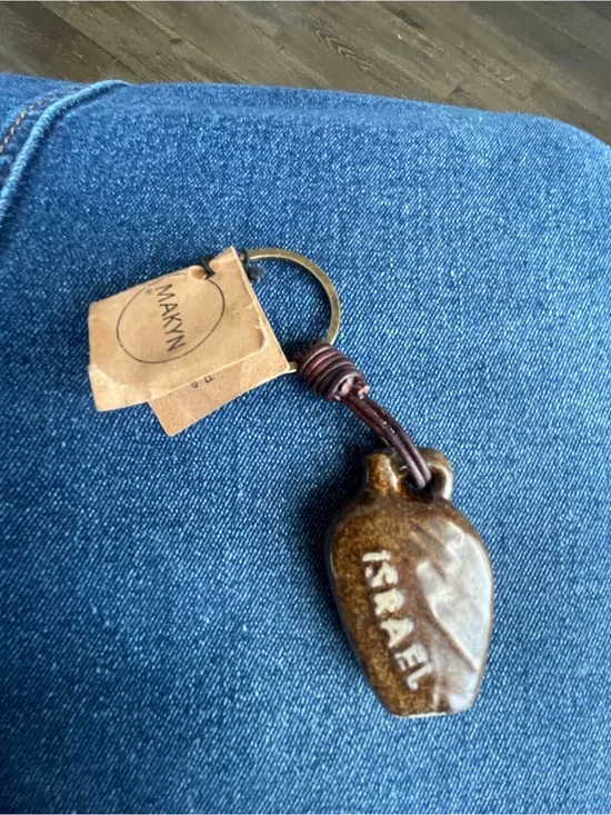 Hand Crafted brown 'Israel' Ceramic Keychain with Brass Ring