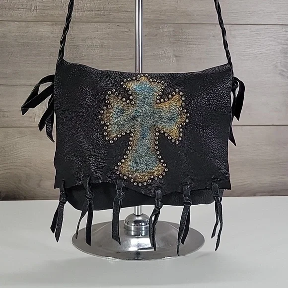 Patricia Wolf Black Studded Leather Crossbody Bag with Turquoise Cross Accent