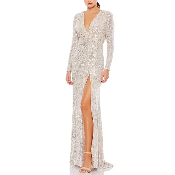 Mac Duggal 26490 Champagne Gold Evening Gown Sequined Long Sleeve Dress Size 16