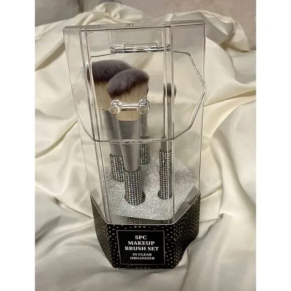 Advantus 5PC Makeup Brush Set Women OS Silver New Rhinestone Clear Organizer