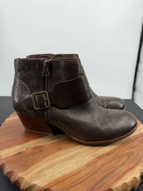 Kork-Ease Isa dark brown leather ankle booties buckle strap detail 10