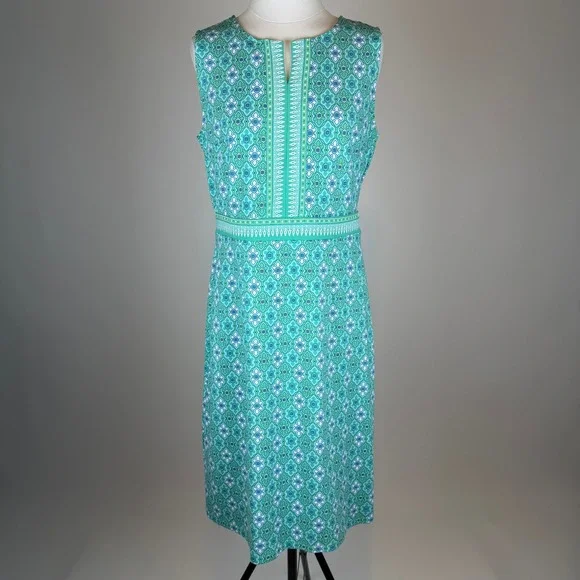 NWT Talbots Green/Blue Geometric Sleeveless Fit & Flare Dress Size Medium Career