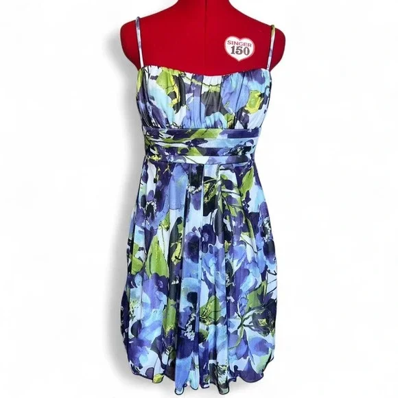 IZ Byer Y2K Purple Blue & Green Watercolor Floral Milkmaid Tie Back Dress Medium