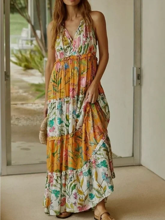 PQ Swim x Anthropologie Floral Ruffle Tiered Maxi Dress Orange White Size L