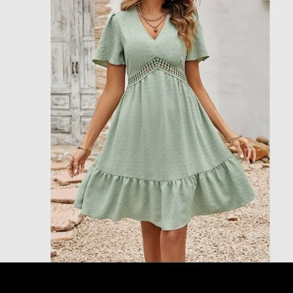 Mint Dot solid V Neck Block Lace Dress XL (0131)