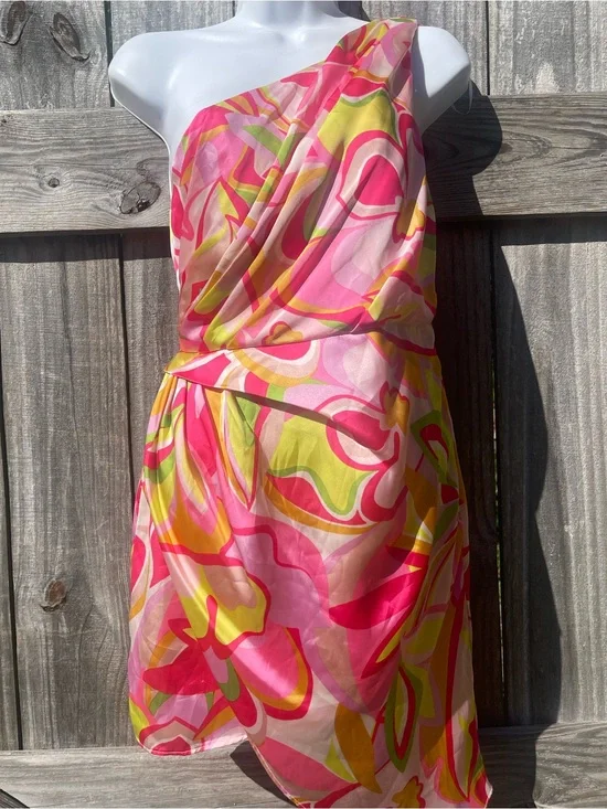 One-Shoulder Pink & Yellow Floral Print Dress