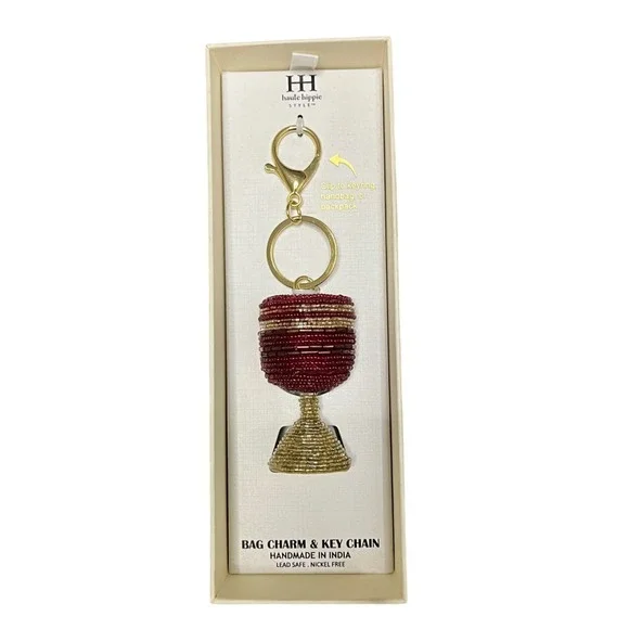 Haute Hippie Style Beaded Wine Glass Bag Charm Keychain Handmade India‎