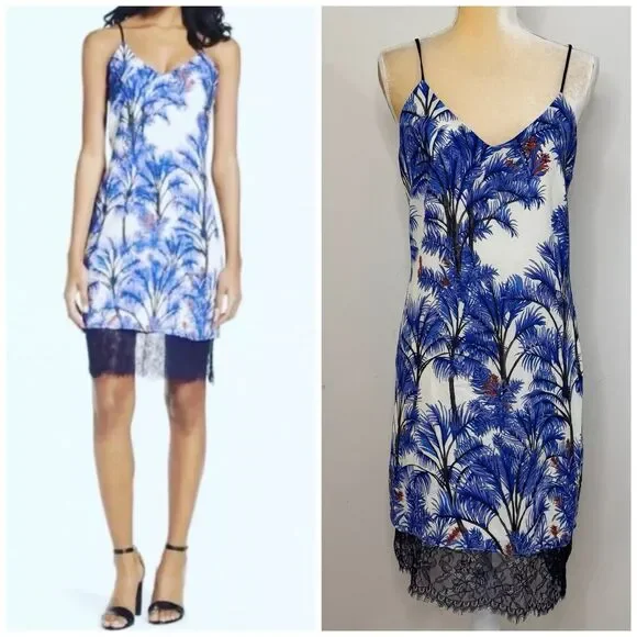 Adelyn Rae Nevina Palm Print Lace Slip Dress Size S Blue White V-Neck Sleeveless