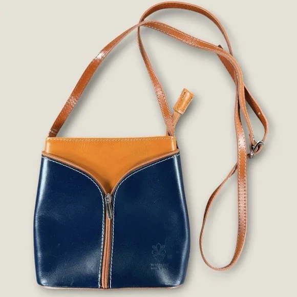 Vera Pelle Made in Italy Navy Blue Tan‎ Leather Crossbody Bag Small Handbag