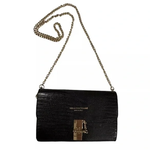 Viola Castellani Black Leather Crossbody Clutch Handbag Purse Italy Gold Whimsi